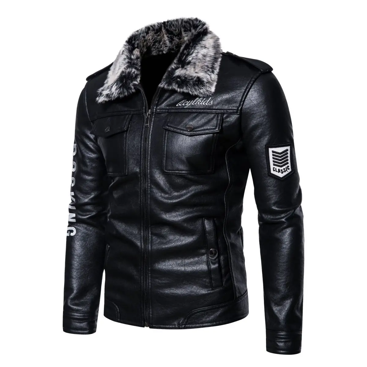 Autumn and winter new fur leather jacket with letter print motorcycle jacket men's lapel slim fit leather jacket M-5XL