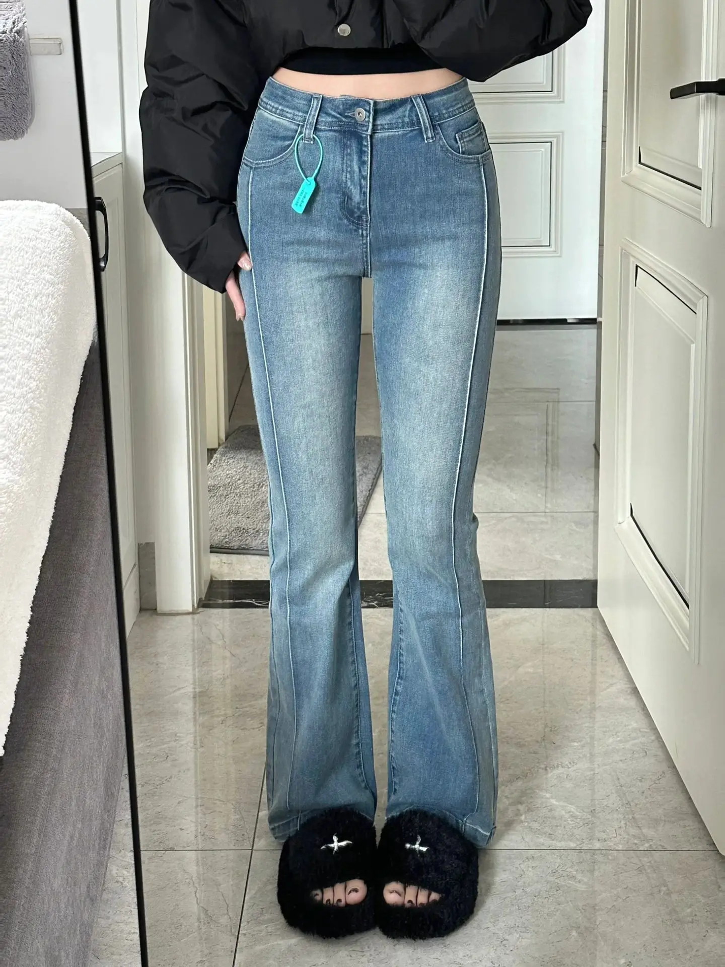 

High Waist Bell Bot Denim Jeans Women's Retro Sle Slim Fit Elastic Hoof Pants plus Size Cotton Stretch Jeans