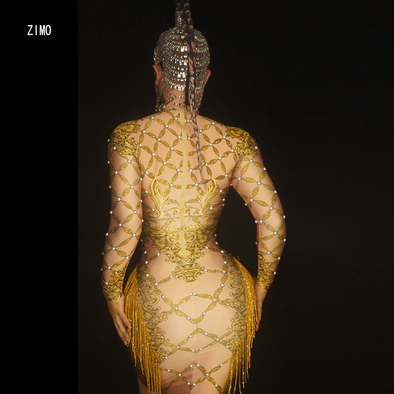 Seksowna Złota Sukienka z Frędzlami, Długim Rękawem i Cyrkoniami, Kostium Drag Queen, Strój dla Piosenkarki na Imprezę, Urodziny, do Klubu, na Scenę ​ Wieczorowe ubranie na przyjęcie