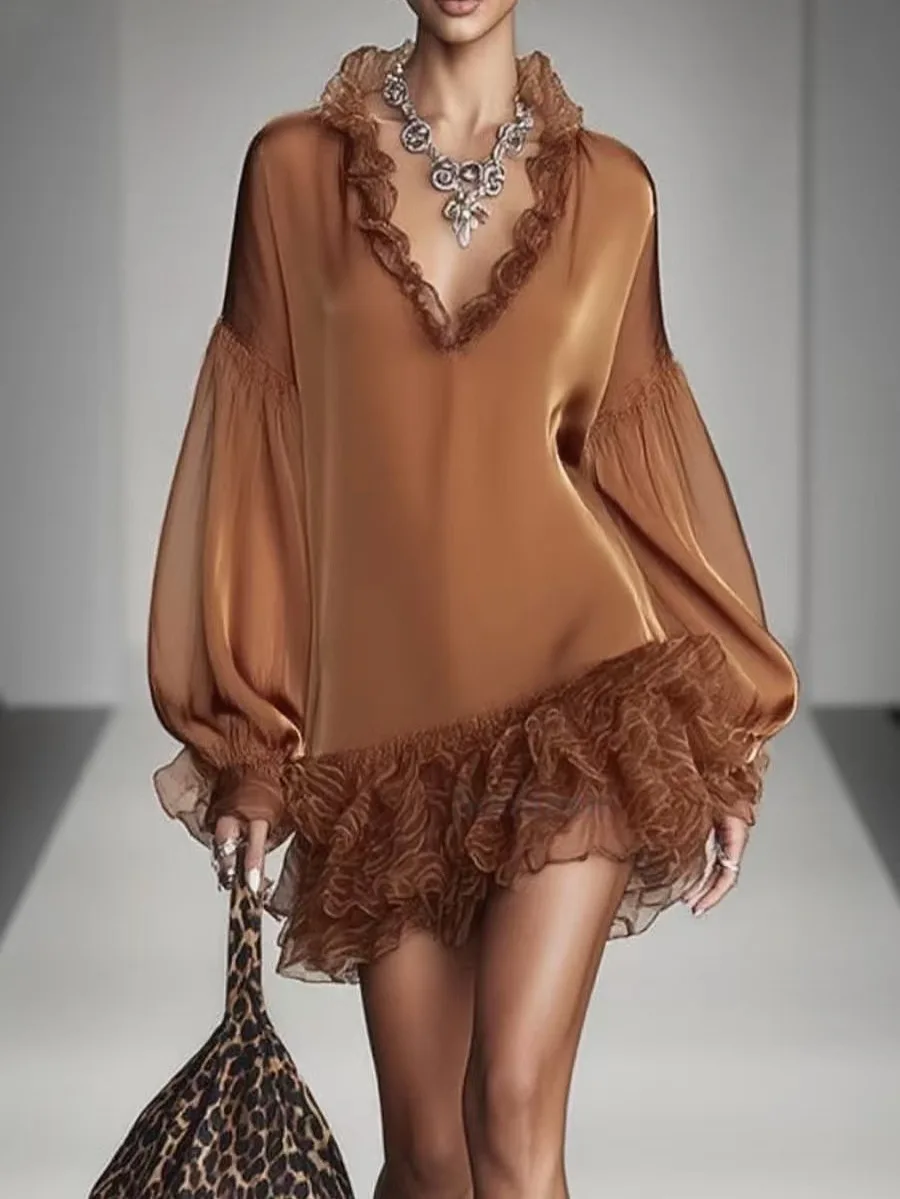 Damen Rüschen-Mesh-Chiffon-Party-Minikleid, einfarbig, mehrlagiges Mesh, tiefer V-Ausschnitt, transparente Puffärmel, locker geschnitten, elegantes Abendkleid
