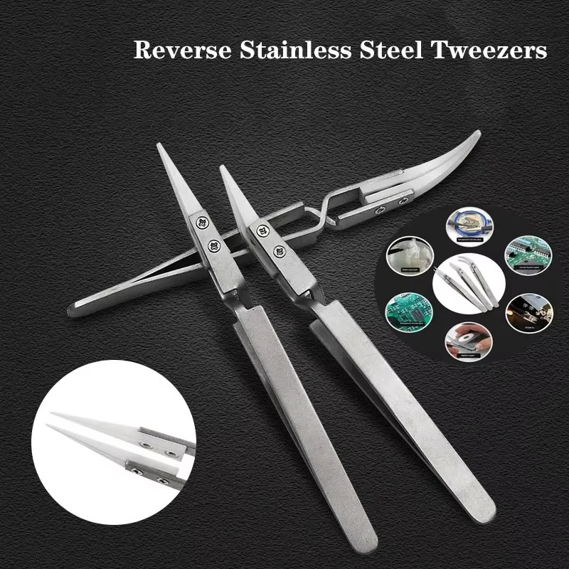 Precision Reverse Tweezers Anti-Static Heat-Resistant Corrosion-Resistant Stainless Steel Handle Ceramic Tweezer Holding Tool