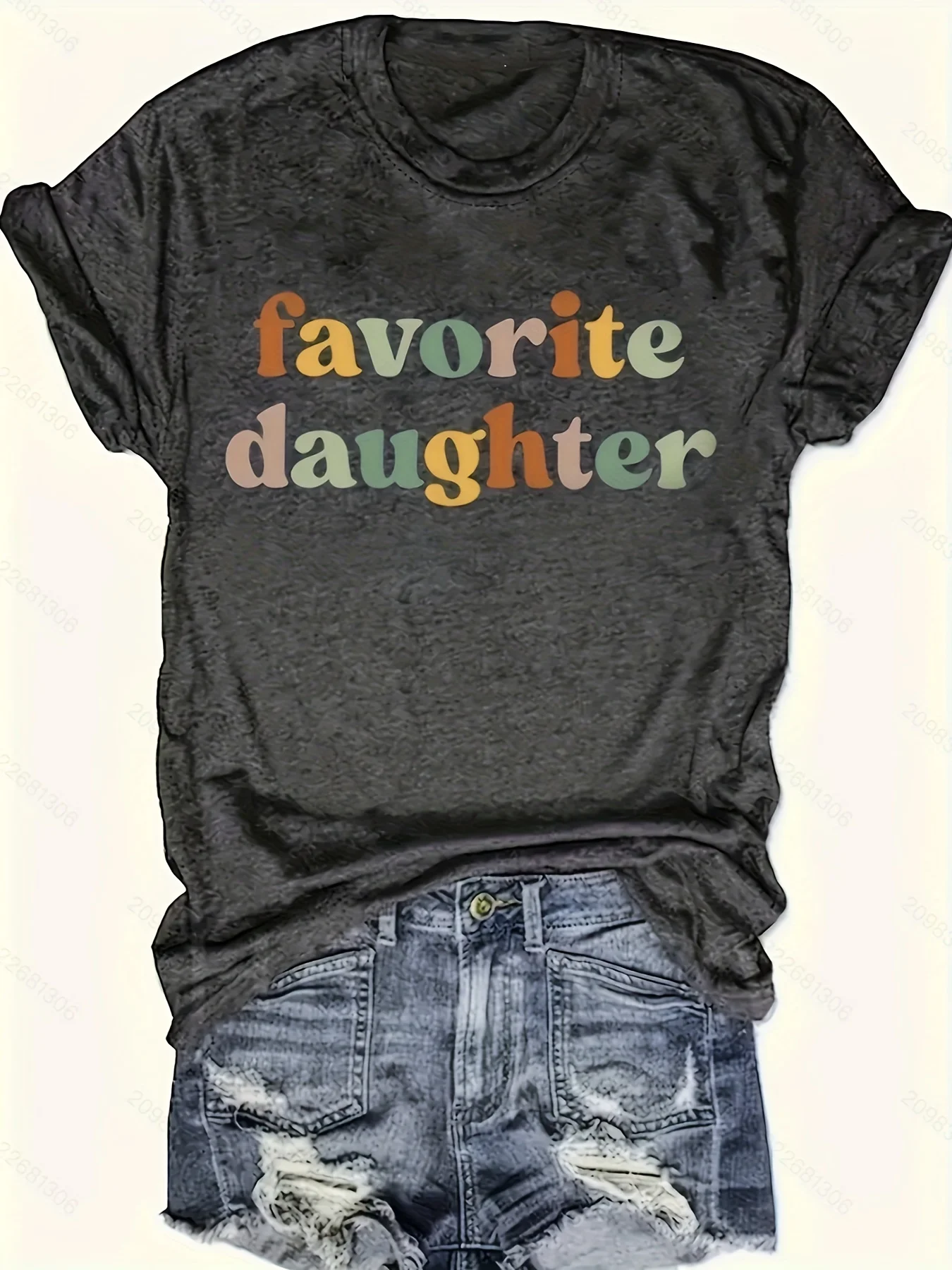Favorite Daughter Women's Tee - Retro Colorful Letter Graphic Casual Dark Grey Top