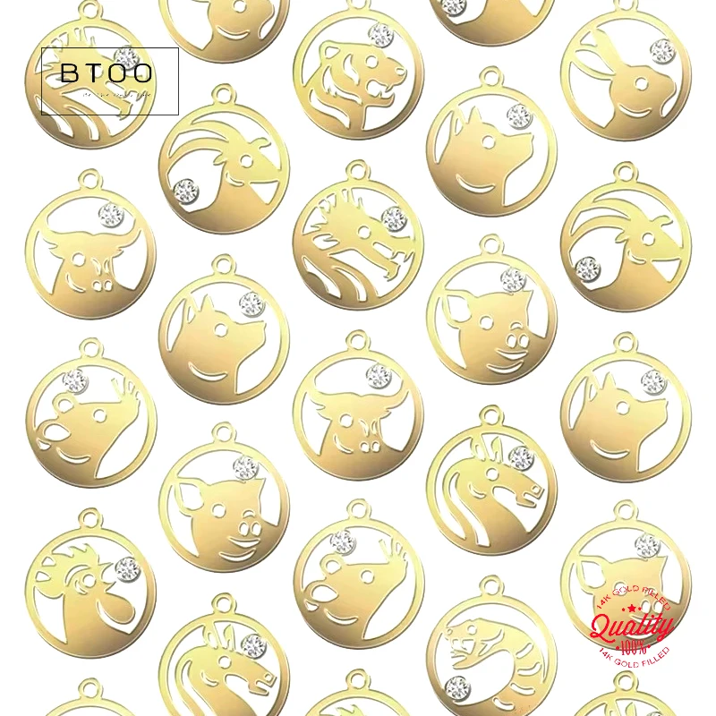 

14K Gold Filled Chinese Zodiac Sign Charm 9mm Disc with CZ Zircon for DIY Jewelry Making - Bracelet Necklace Findings