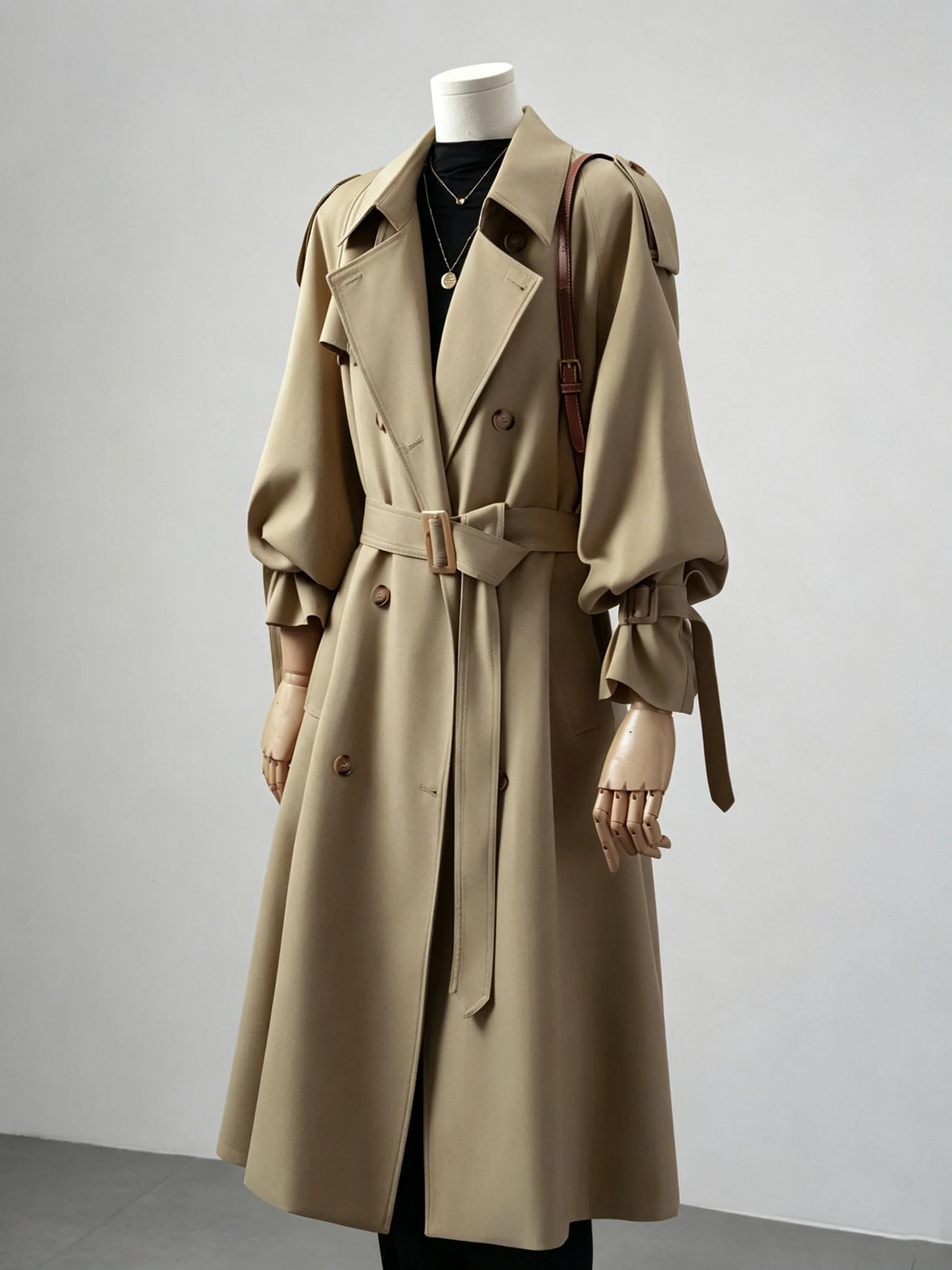Women Khaki Trench Coat Autumn New Lapel Collar Double Breasted Belted Windbreaker Classic Versatile Long Outerwear