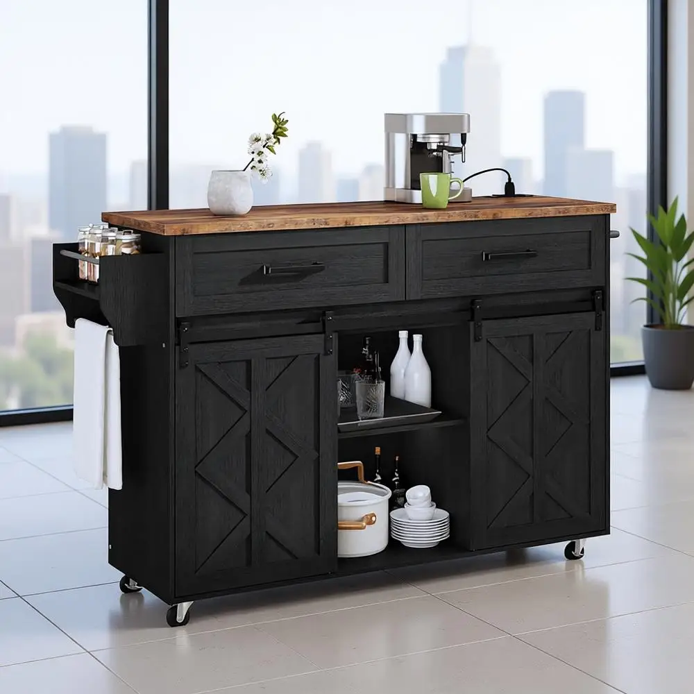 جزيرة مطبخ دوارة سوداء مع مساحة تخزين، وأبواب منزلقة، ومخرج طاقة، وأدراج، ورف توابل لتناول الطعام #1