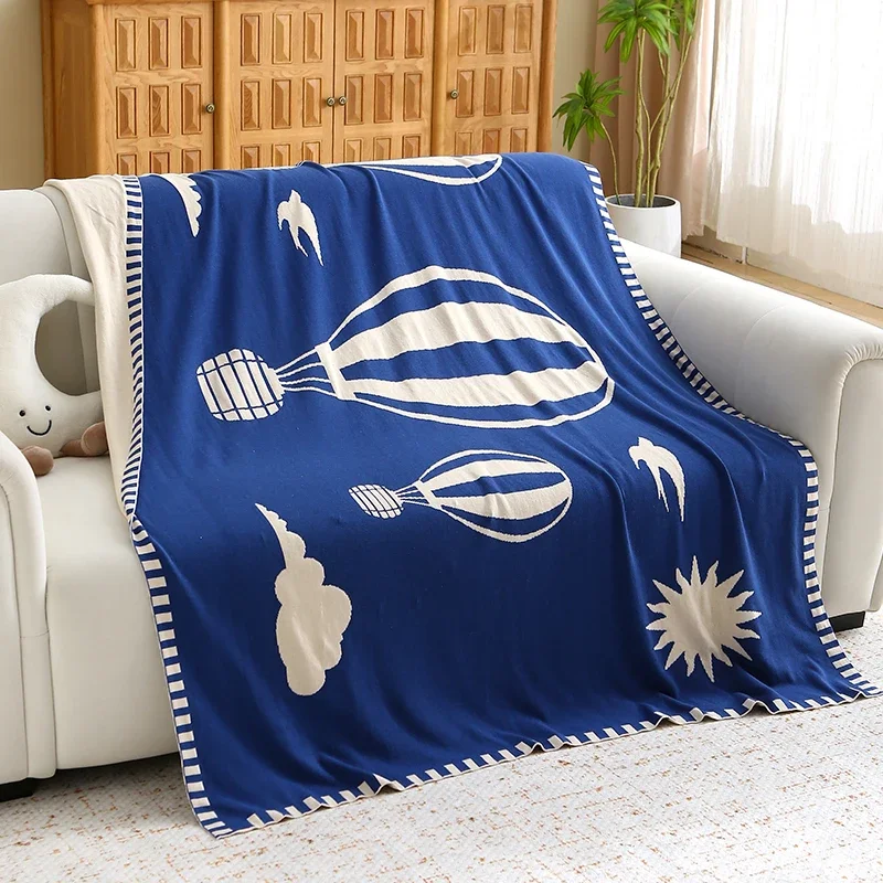 Cotton Knitted Blanket for Office Nap Blue Rectangular Sofa Blanket with Customizable Design and logo