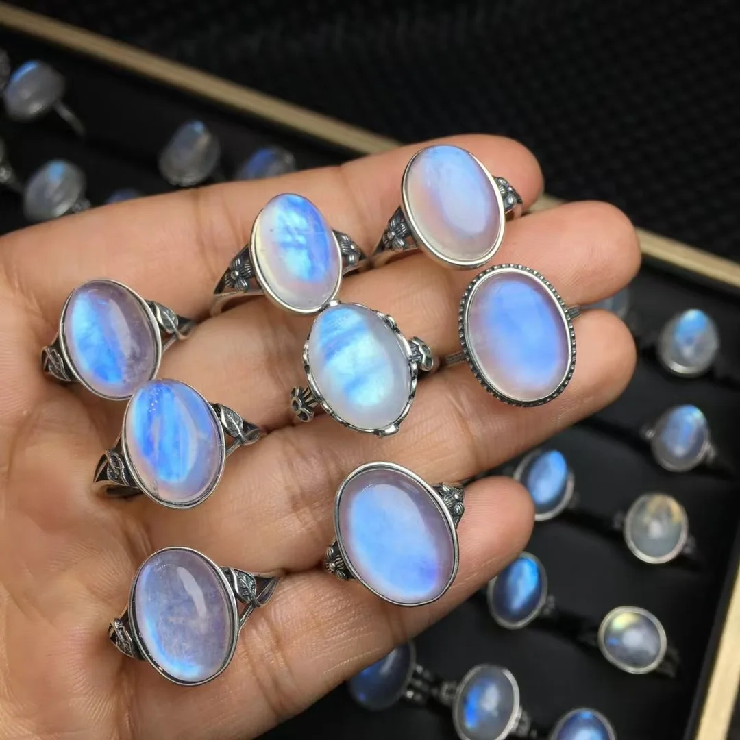 1 Pc Fengbaowu Natural Blue Moonstone Ring Oval Cabochon Ring 925 Sterling Silver Resizable Fashion Jewelry Gift Women