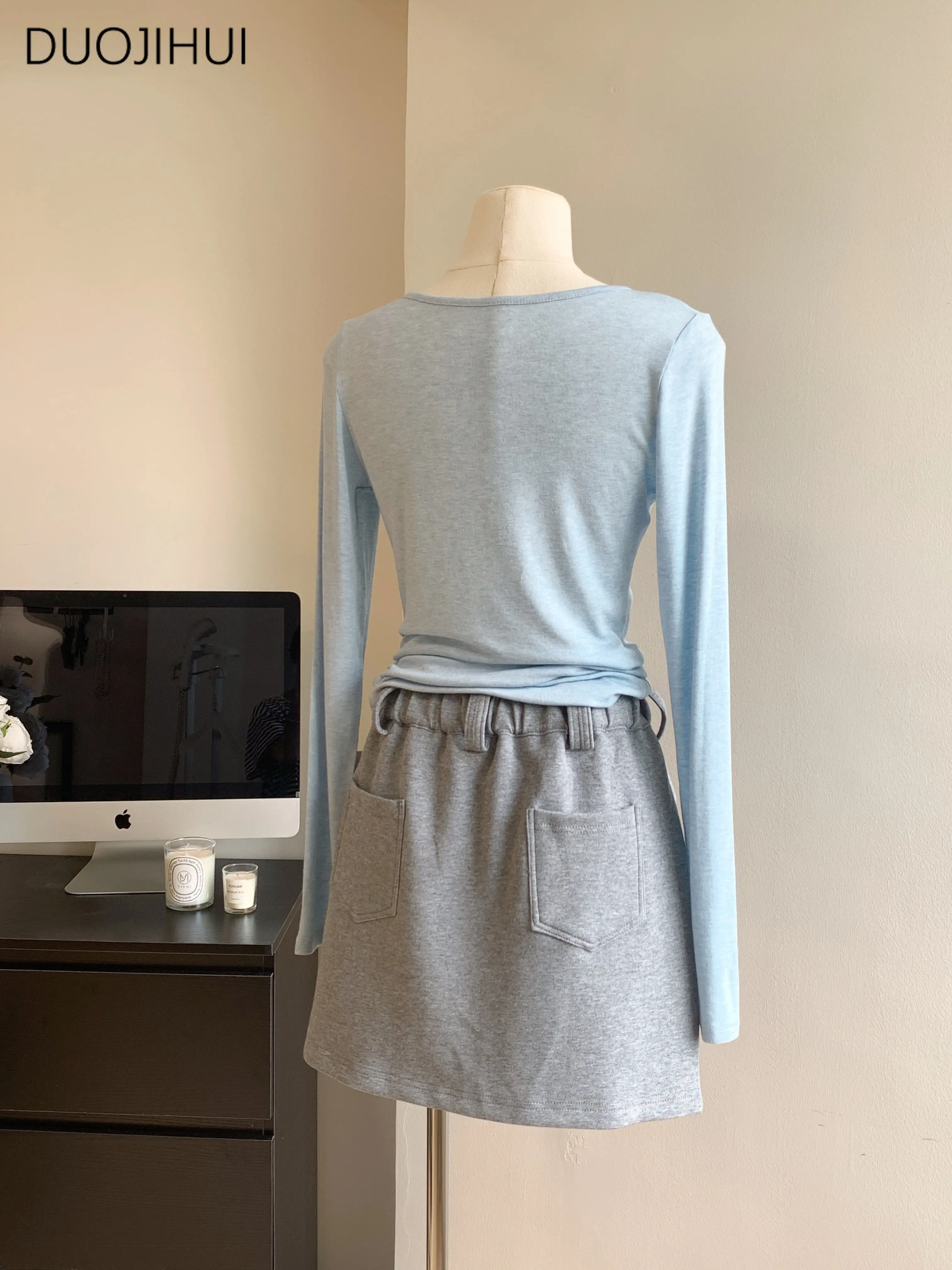 DUOJIHUI Two Piece Solid Color Chicly V-neck Slim Female T-shirts Autumn New Grey Basic Drawstring Skirt Fashion Women T-shirts