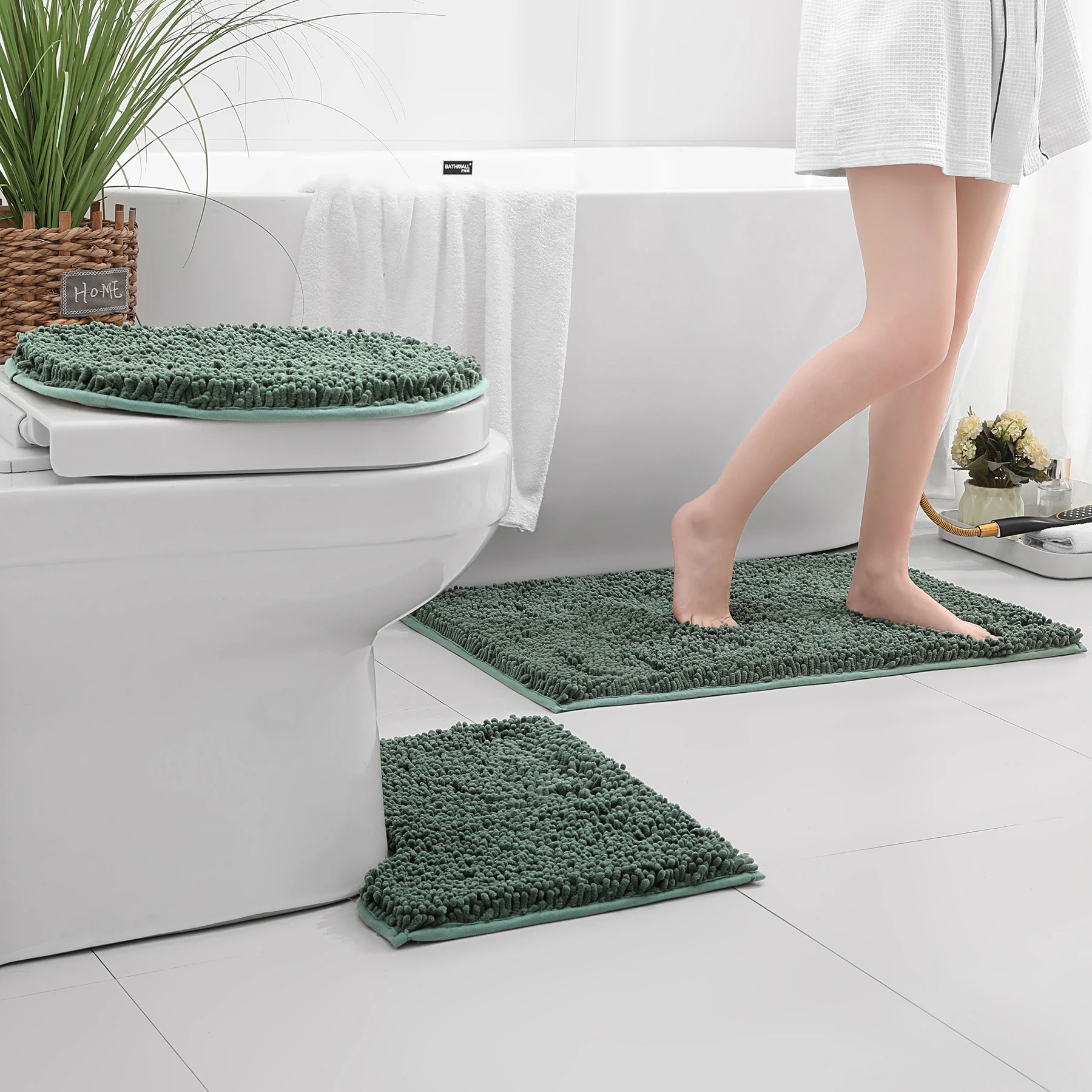 3-piece bathroom chenille floor mat, absorbent anti slip bathroom carpet, bathroom U-shaped foot mat, toilet lid, TPR anti slip