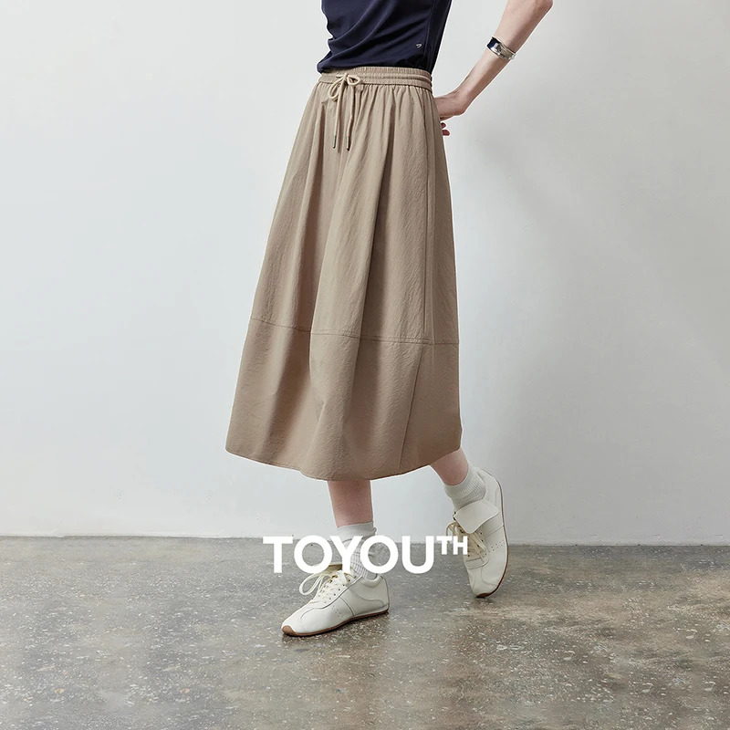 TOYOUTH Women Textured Skirt 2026 Summer New Elastic Waist Midi Skirt UPF50+ Sun Protection Cocoon Shape A-Line Flared Skirt