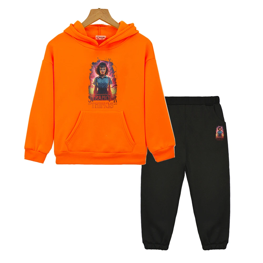 boy girls Hooded Spors Sets stranger things print Anime hoodie Fleece sweatshirt Jacket 2pcs pullover+pant kids boutique clothes