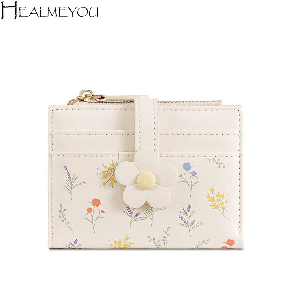 

Flowers Printed Mini Coin Purse PU Leather Multi-Cards Slot Mini Keychain Bag Portable Zipper Small Card Bag Car Accessories