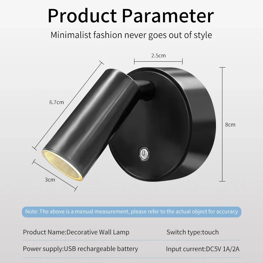 Rechargeable LED Spotlight Touch Dimmable Magnetic Wireless Wall Lamp 360° Rotation For Bedroom Reading Bedside Night Lighting