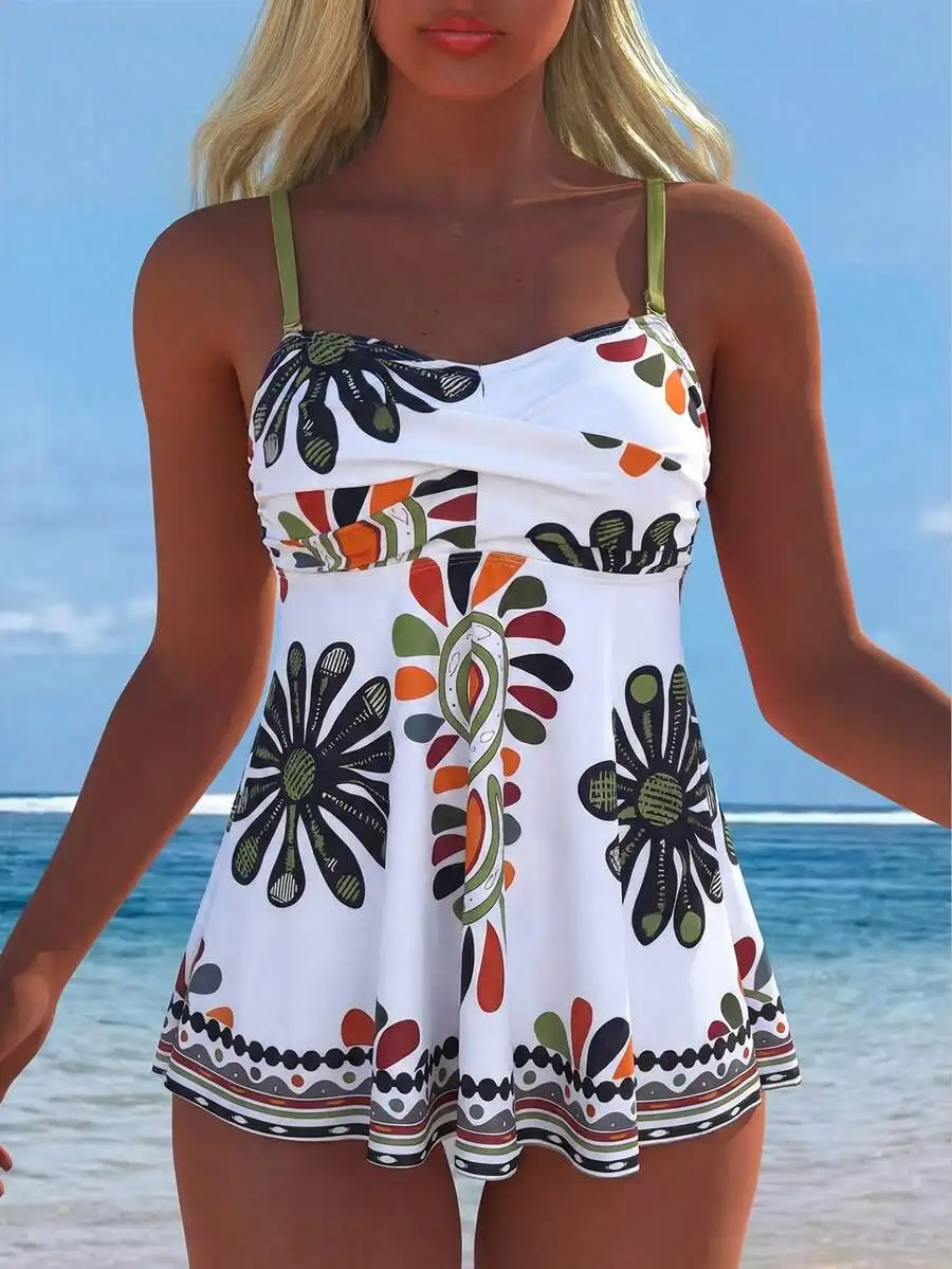 

Bohemian Style Women Two Piece Swimwear With Flowy Skirt For Summer Beach Vacation
