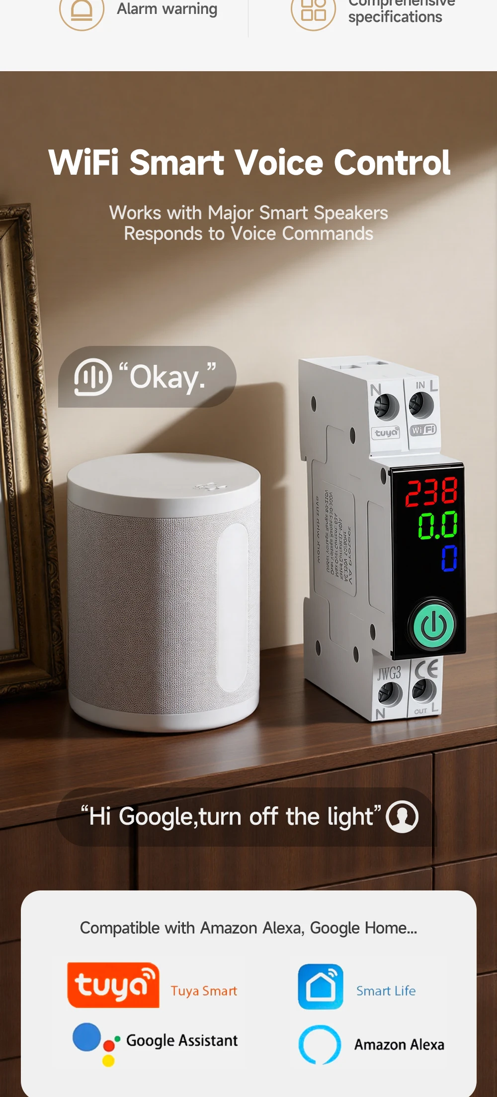 Tuya WiFi DIN-Schienen-Smart-Leistungsschalter 1P+N 63A mit Digitalanzeige, Energiezähler, Spannungs- und Stromschutz, Fernschalter – Detail 3
