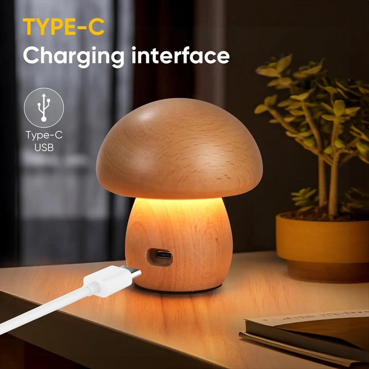 DT1954 TO Wooden Mushroom Lamp, Portable Cordless Rechargeable Battery Operated Lamp,Stepless Dimming, Night Light for Gifts