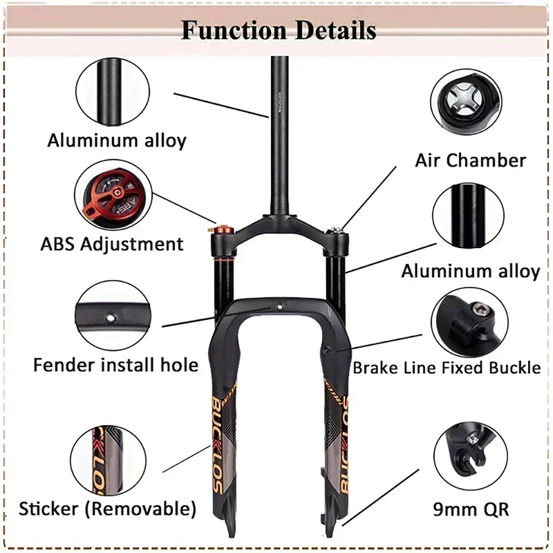 BUCKKub-Fourche avant en alliage d'aluminium pour vélo électrique, accessoires de vélo à suspension pneumatique, course de 4.0mm, 20x140 pouces