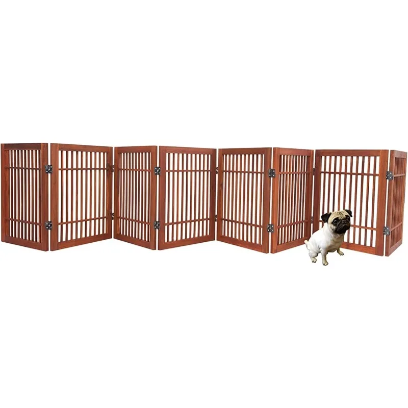 Pet Dog Gate Strong and Durable Freestanding Folding Acacia Hardwood Portable Wooden Fence Indoors