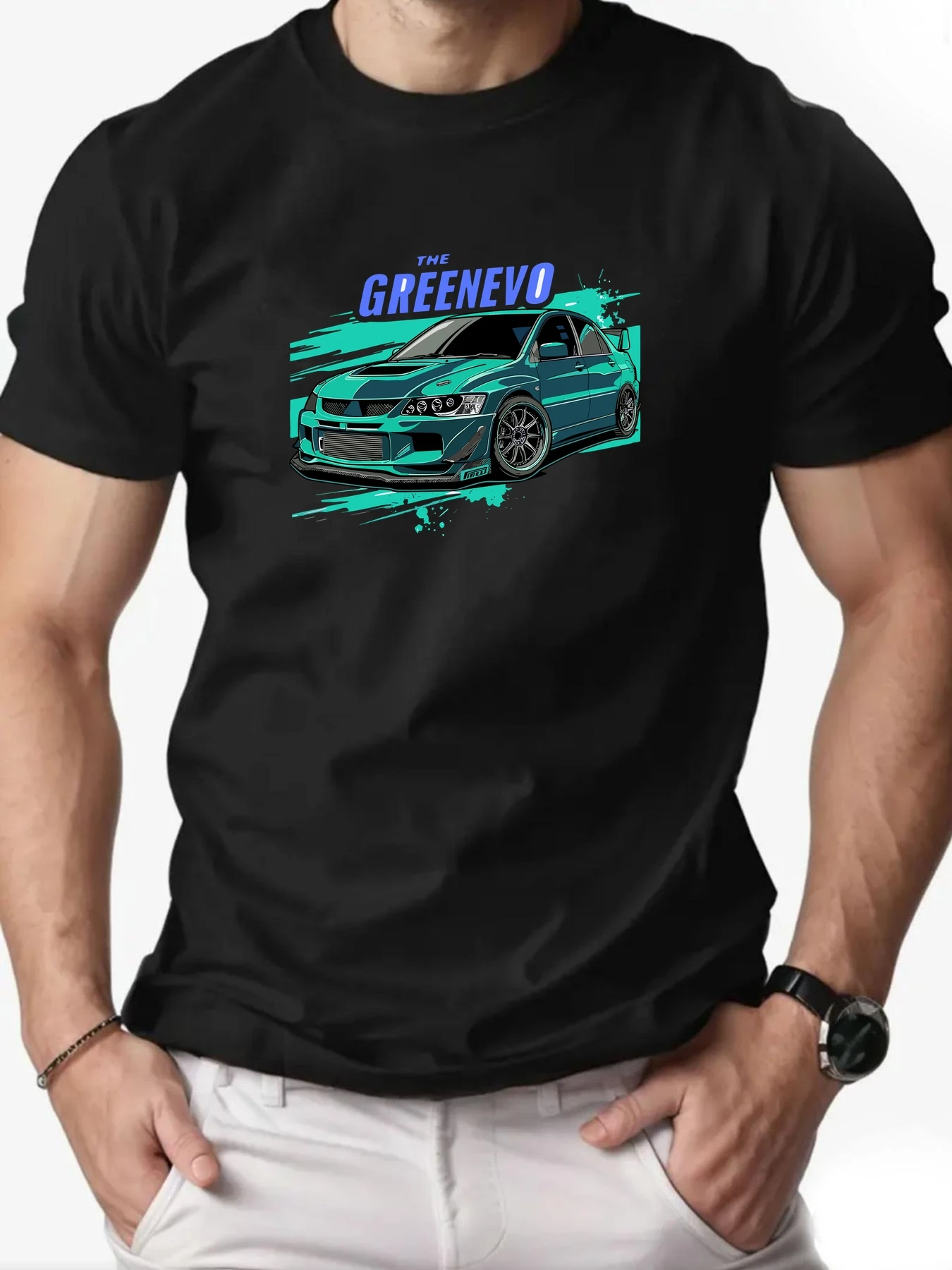 

Men T-Shirt Pure Cotton Racing Cartoon Print Comfortable Breathable Round Neck Short Sleeve Casual Summer Daily Wear Tee Top