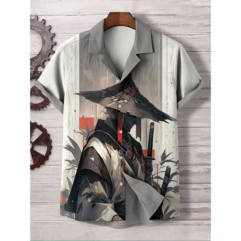 

Men's Japanese Samurai Print Casual Linen Blend Shirt Harajuku Punk Streetwear Hipster Button Down Artistic Shirt Casual Shirts