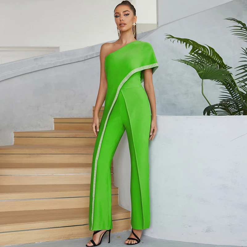 MSMUSI 2024 New Fashion Women Sexy One Shoulder Embroidery Short Sleeve Bodycon Party Club Slim Flare Pant Lady Bandage Jumpsuit