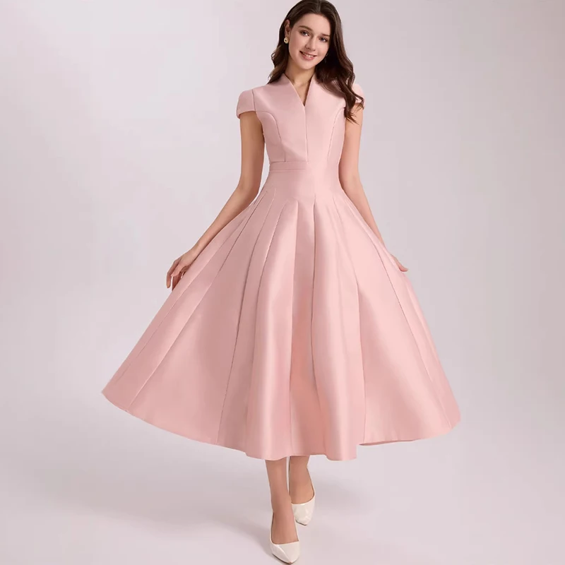 

High Quality Wrinkle Slim Big Swing Dresses Spring Women V-neck Short Sleeve Zipper Dress Autumn High Waist Knee Length Dress