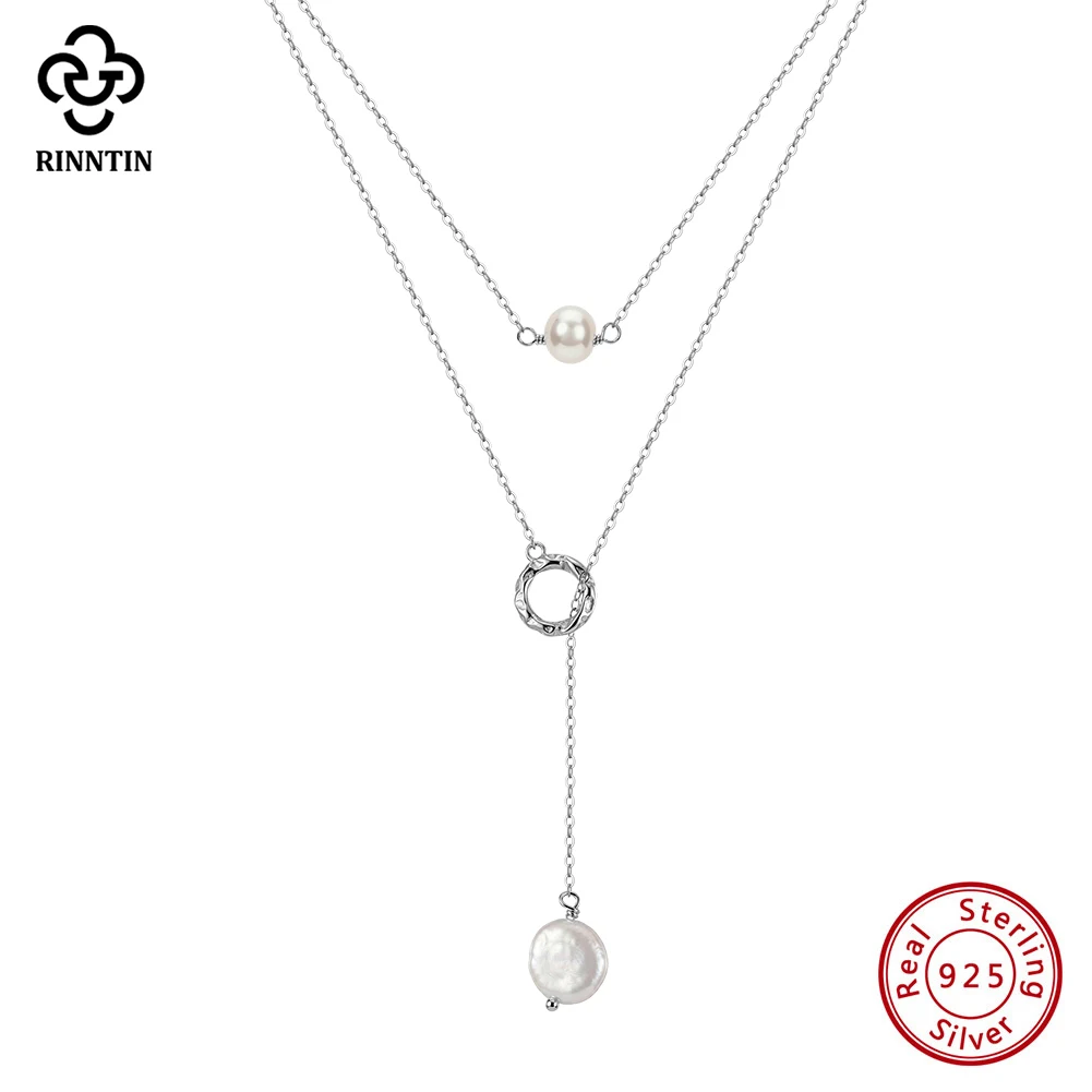 

Rinntin 925 Sterling Silver Sexy Layered Choker Necklace for Women with Natural Pearl Pendant Summer Neck Chain Jewelry BQN30