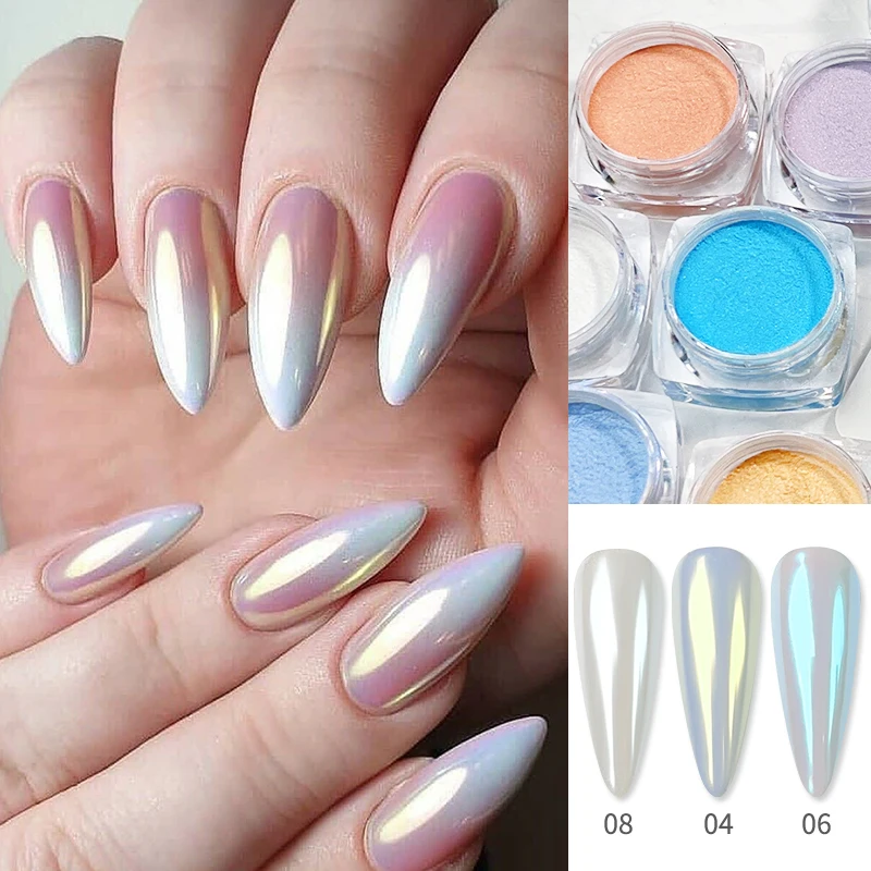 Aurora Pink Nail Powder Glitter Mirror White Rubbing Pigment Metallic Color Nail Art Gel Polish Chrome Dust Decoration Manicure