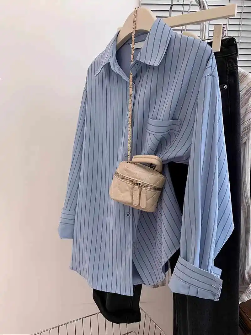 Полосатая женская рубашка во французском стиле, весенний свободный универсальный топ с длинными рукавами, высококачественный повседневный кардиган для поездок на работу