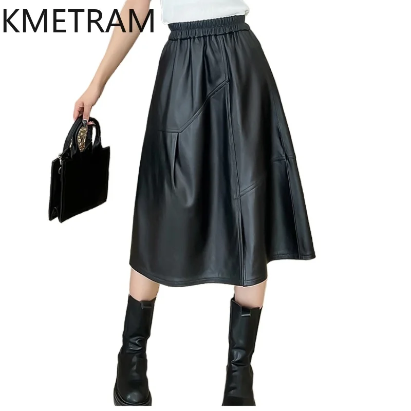 

KMETRAM 100% верхний слой юбки из овчины для женщин, черная юбка средней длины из натуральной кожи, женская весенне-осенняя одежда 2025 юбка