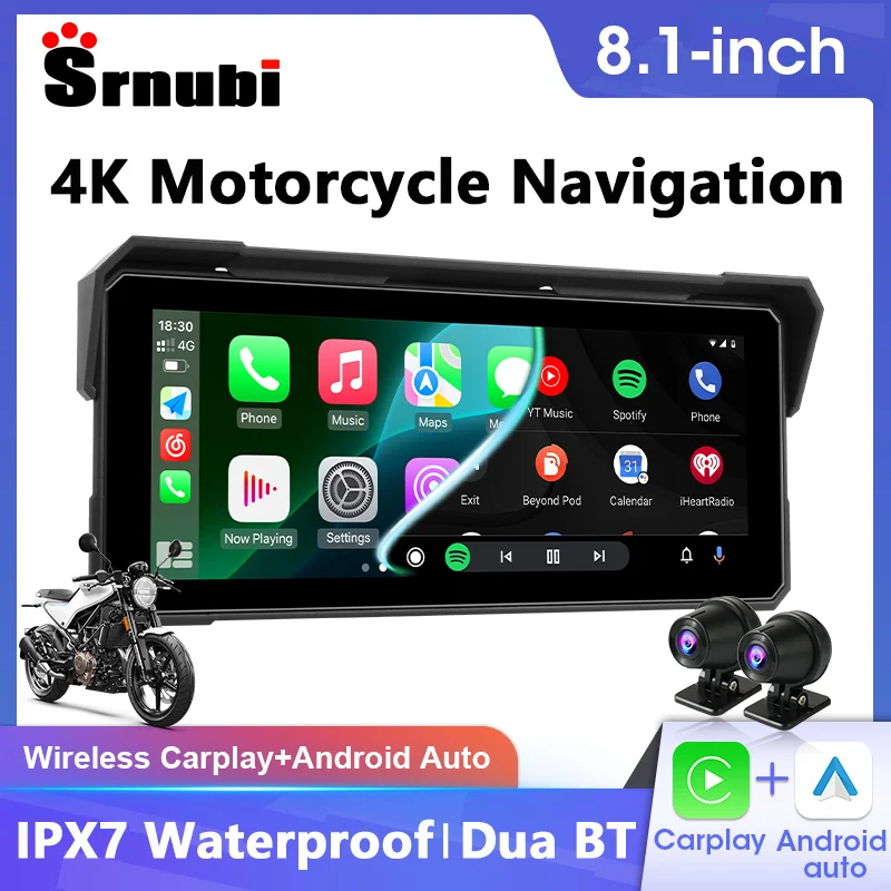 

Портативный 8,1-дюймовый мотоциклетный видеорегистратор 4K с GPS-навигацией, беспроводным CarPlay, Android Auto, водонепроницаемый (IPX7), сенсорный экран
