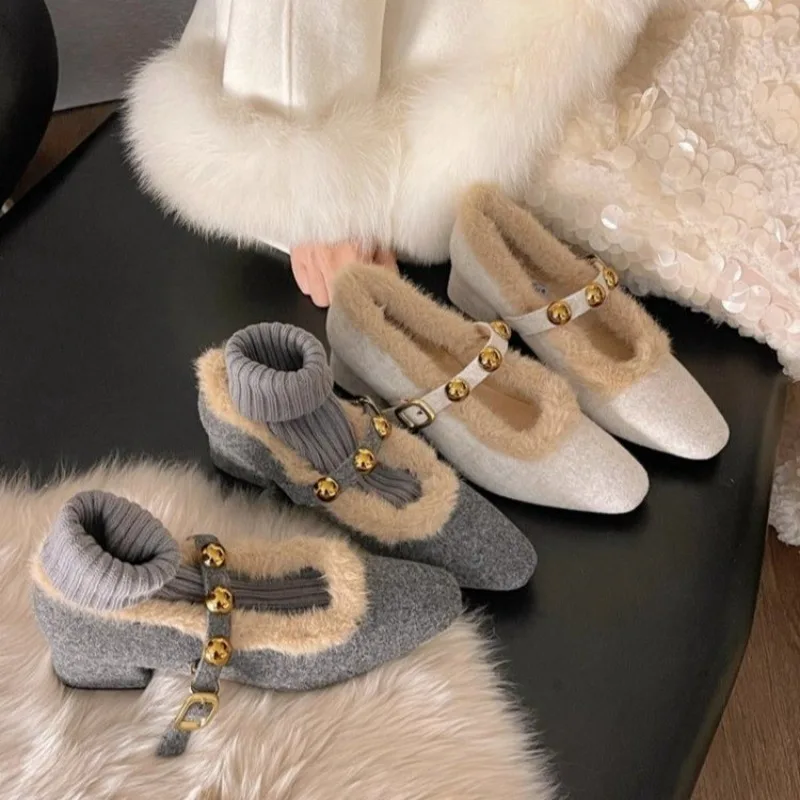

Furry Women's Mary Janes Shoes High Heels Square Toe Plush Snow Boots 2026 Winter Warm Cotton Shoes Elegant Pumps Mujer Zapatos