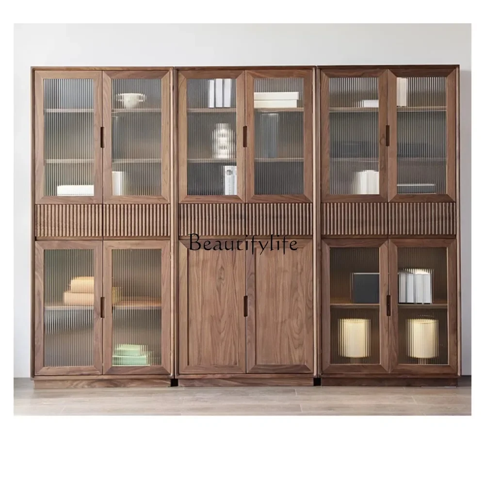 

FG44Black Walnut Wooden Bookcase Integrated Wall-Mounted Combination Nordic Modern Minimalist Full Wall Floor Bookshelf