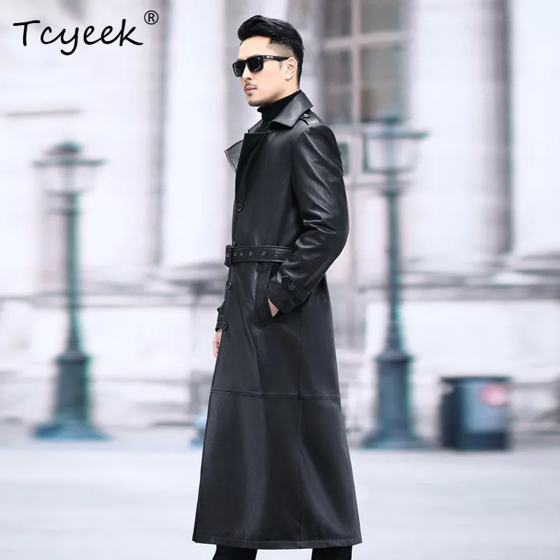 Tcyeek Real Leather Jacket Men Autumn Clothing Natural Deerskin Mens Coats Trench Coat Long 131cm Belt Trendy Jaqueta De Couro