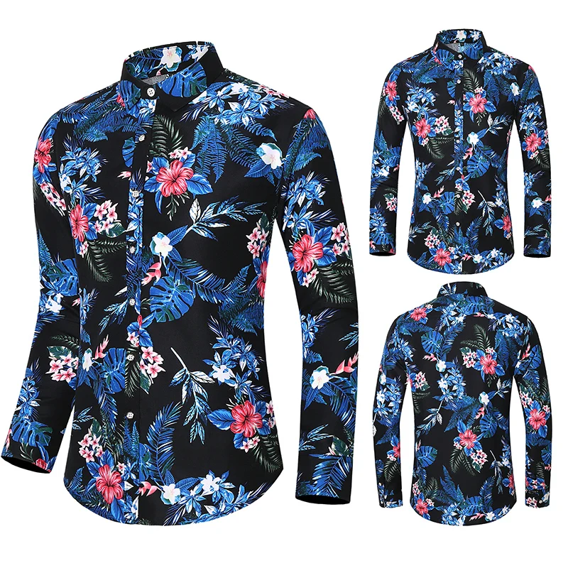 2024 Fashion Men\'s Shirt Flowers  Printing Lapel Button Top Long Sleeve Shirt Clothing Party Styles Design Comfortable Shirts