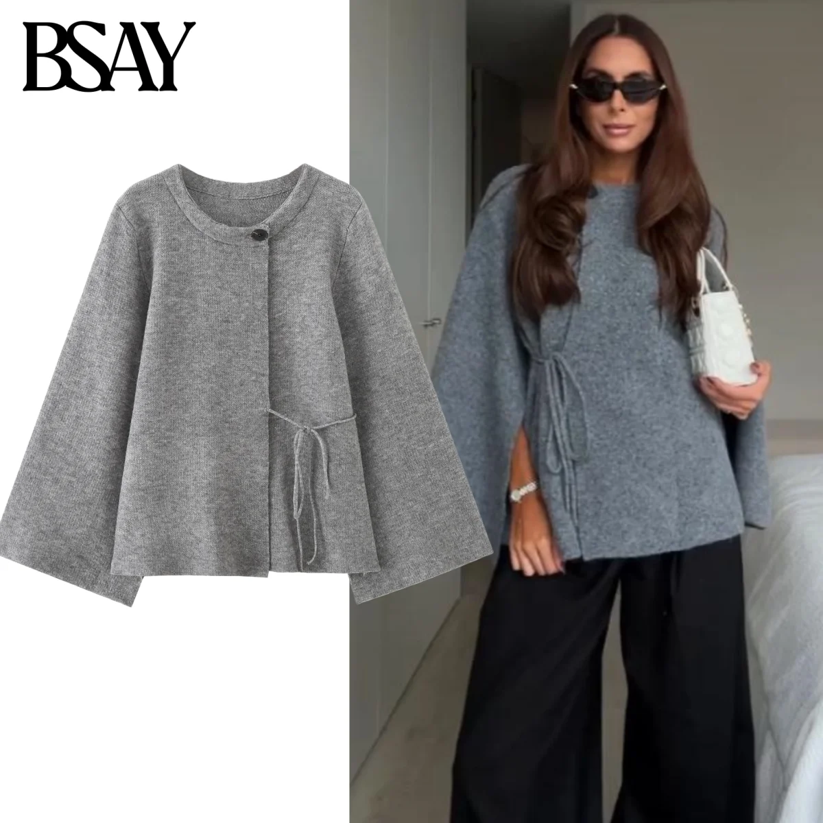 

BSAY Kimono Style Knitted Cardigan Sweater Coat for Women Fashion Autumn Winter Solid Long Sleeves Single Breasted Top Jacket