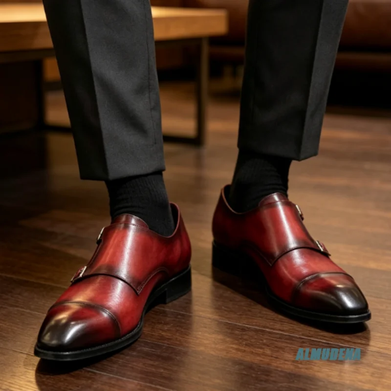 

Retro Men's Gradient Burnish Double Buckle Slip On Flat Dress Shoes Fashion Outdoor Spring Autumn Business Wedding Formal Shoes
