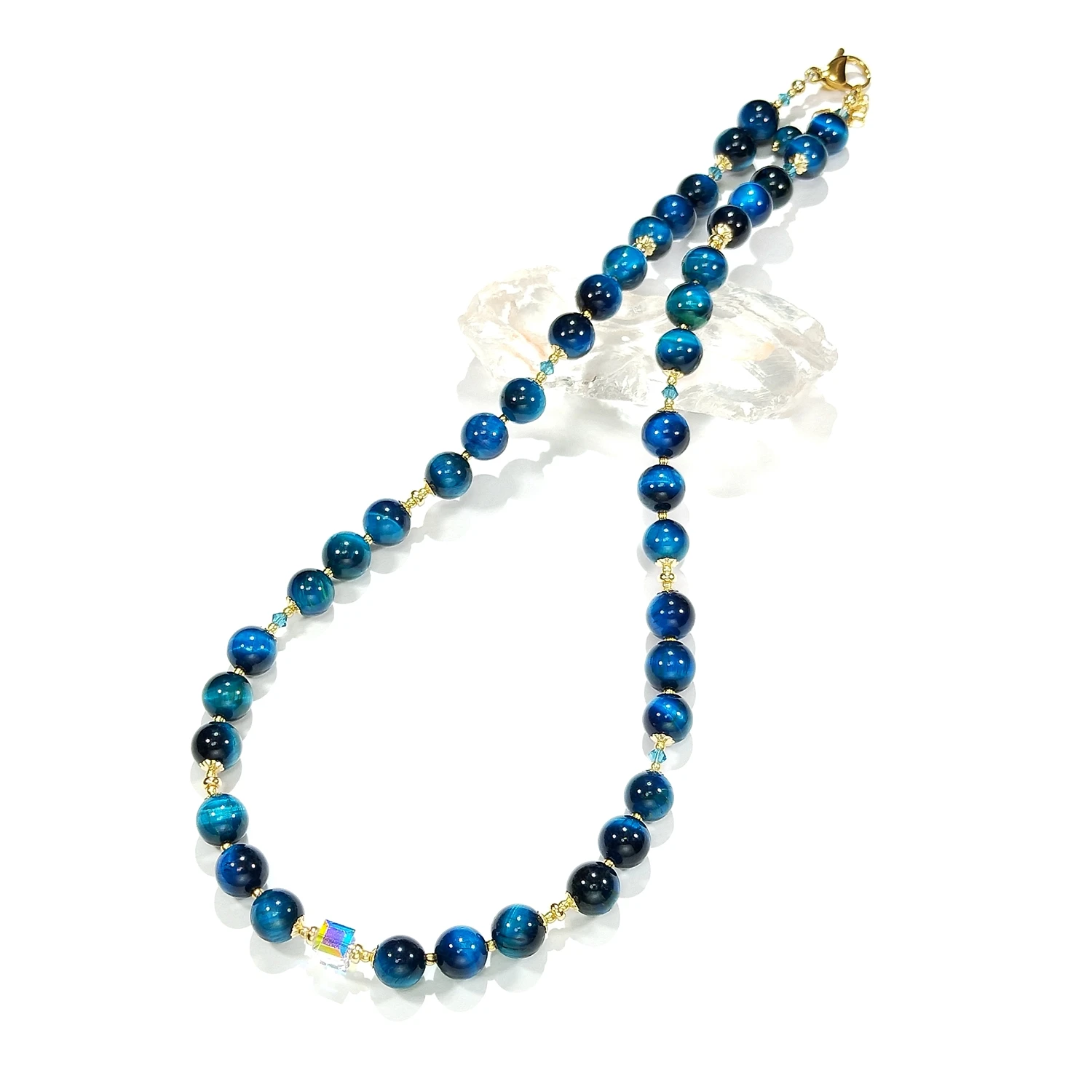 

Lii Ji Dye Blue Tiger's Eye Natural Stone 8mm 14K Gold Filled Necklace For Women Girls Gift 48+3cm