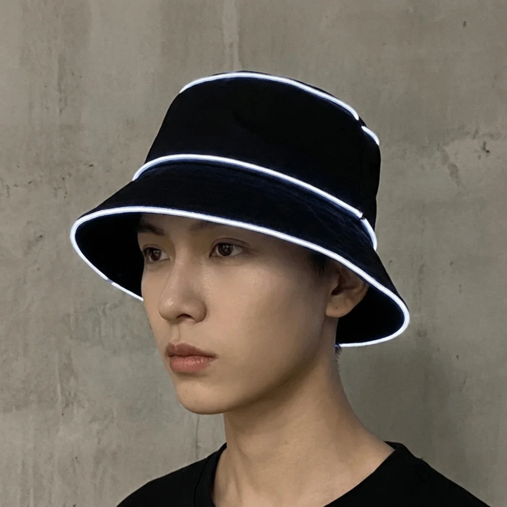 Simple Battery Powered LED Bucket Hat Flashing Modes Colorful Luminous Hat Solid Color Korean Style Flashing Glow Hat Cosplay