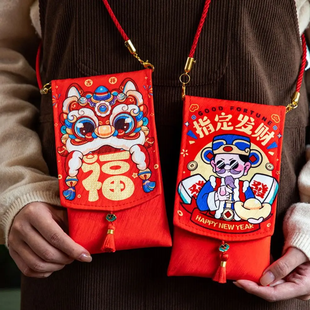 Chinese New Year Fabric Red Envelop Spring Festival Blessing Words 2025 Red Pocket Best Wishes Cartoon Change Gifts Shoulder Bag