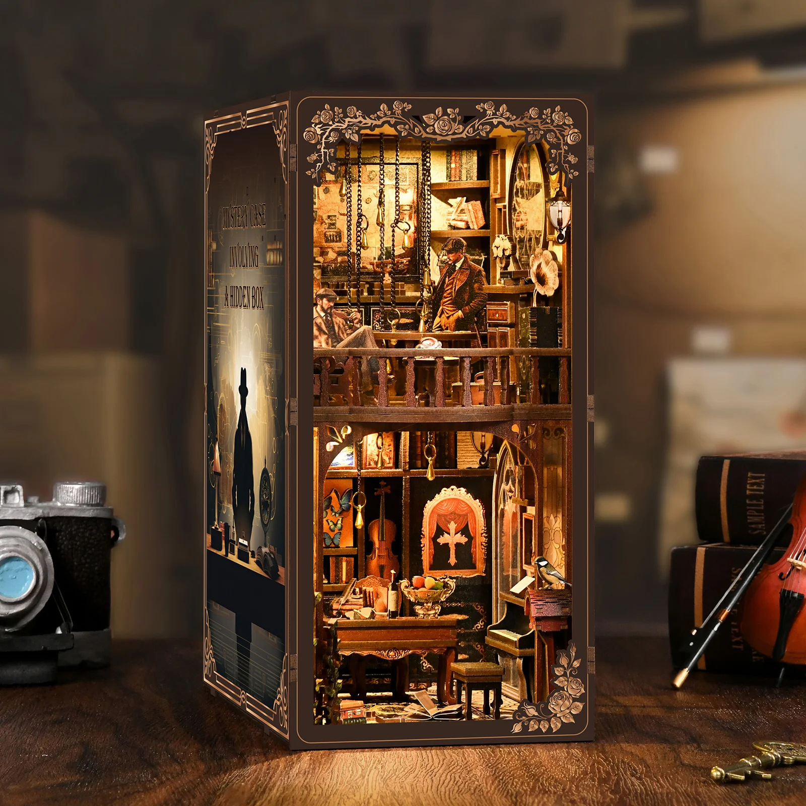 DIY Book Nook Miniature House Kit with LED Light Mystery Detective Study Wooden Dollhouse Bookshelf Decor Gift