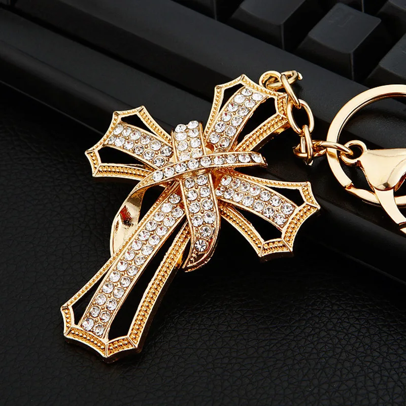 Catholic Cross Keychain for Women/Men Rhinestone Alloy Gold/Silver Color Religious Christ Keyring Bag Charm Jewelry