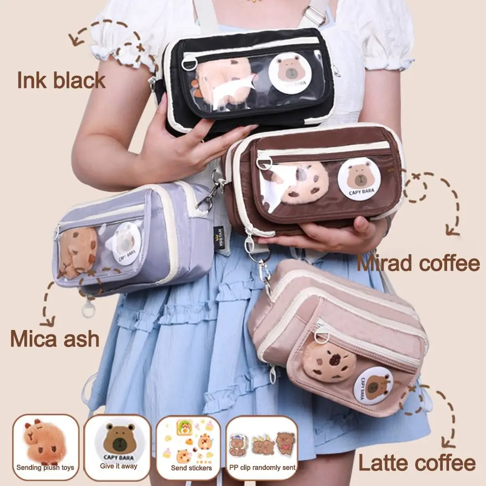 

Cute Capybara Pen Bag 9 Layer With Brooches Stickers Clips Crossbody Pencil Case Large Capacity Stationery Bag Gift