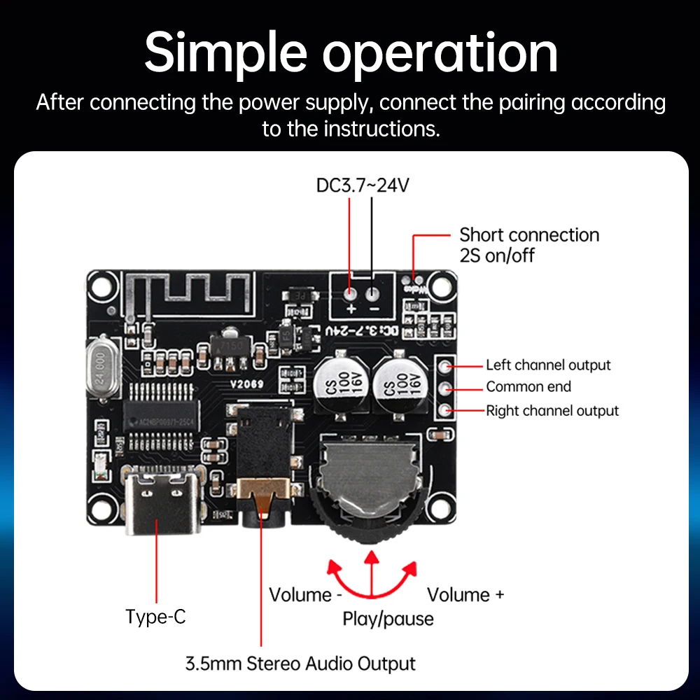 ステレオオーディオデコードボード,マイクロUSBインターフェイスタイプC,ボリューム調整可能,XY-WRBT, 3.5mm, DC3.7-24V,bluetooth 5.0