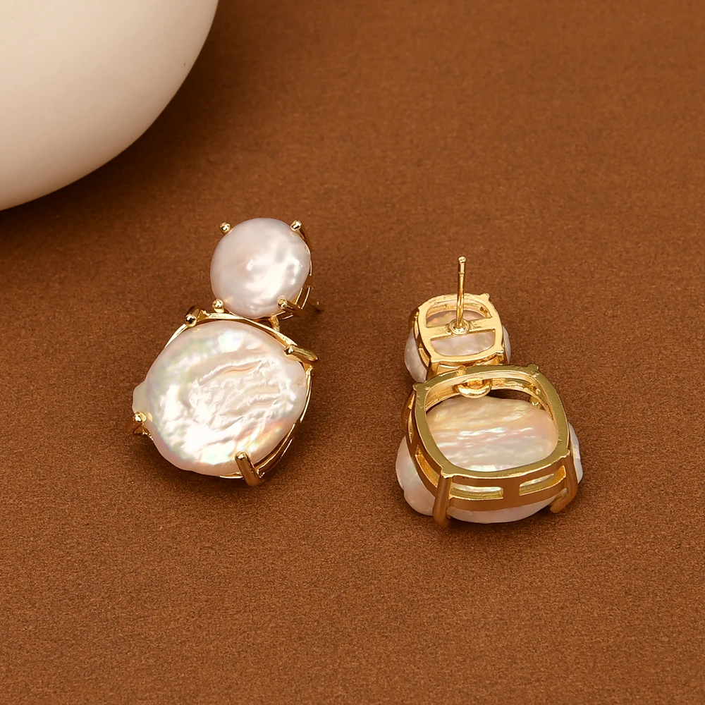 GG Cultured White Coin Keshi Pearl Gold Plated Stud Earrings For Lady