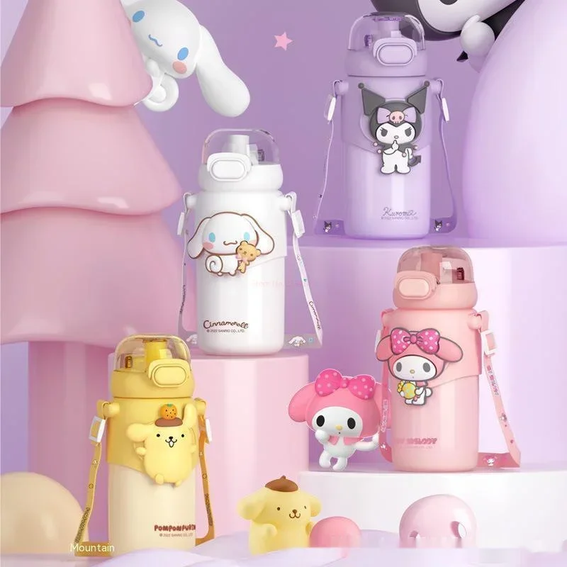 

460ml Melody Pompom Purin Kuromi Cinnamoroll Vacuum Cup High-quality Kids Stainless Steel Thermos Cup Strap Water Bottle