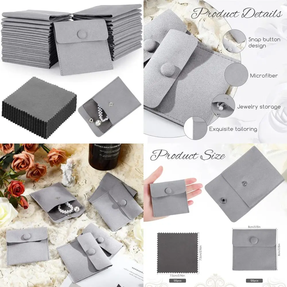 

Gray 120-Pack 3.2x3.2 Microfiber Jewelry Pouches with Snap Buttons and Cleaning Cloth