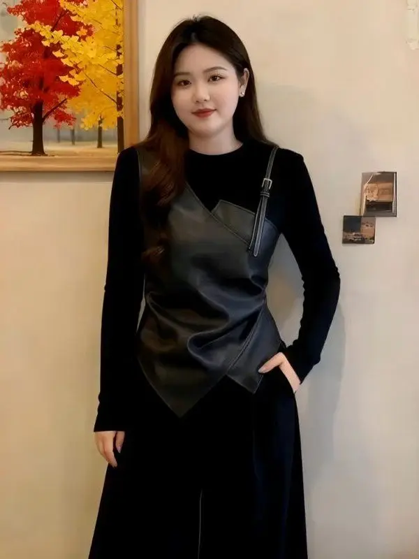 

Женская трикотажная футболка больших размеров из черной искусственной кожи, приталенная, с вырезом на талии, модная, повседневная, с длинным рукавом, круглым вырезом, весна