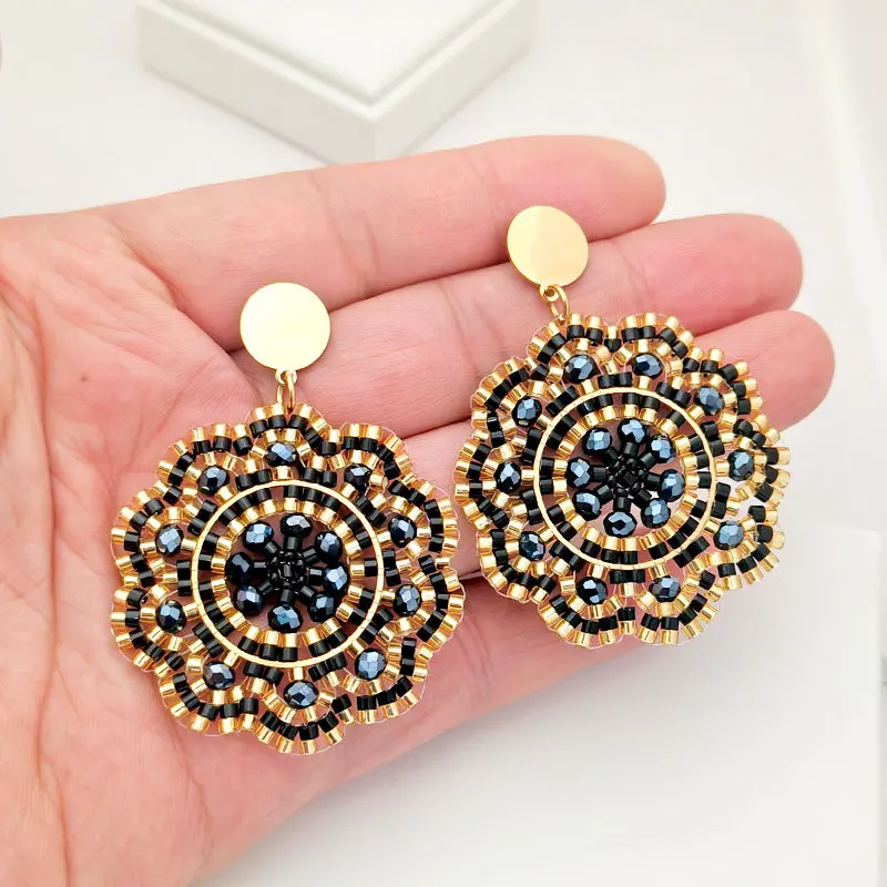 

Beaded earrings Crystal Flowers Hand knitting Originality Design Bohemia Alloy Retro Tide Simple Female Rice bead earrings