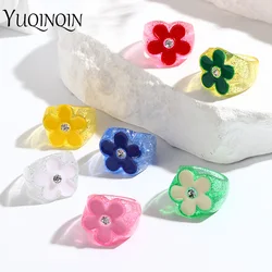 Korean Green Resin Flower Rings for Women Set Pack Elegant Plastic Rings for Girls Cute Aesthetic Party Fashion Jewelry Gifts